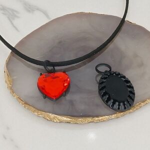Medallion Cord Necklace 2 in 1 Red Heart & Black Cameo Charm Y2K New Age Grunge